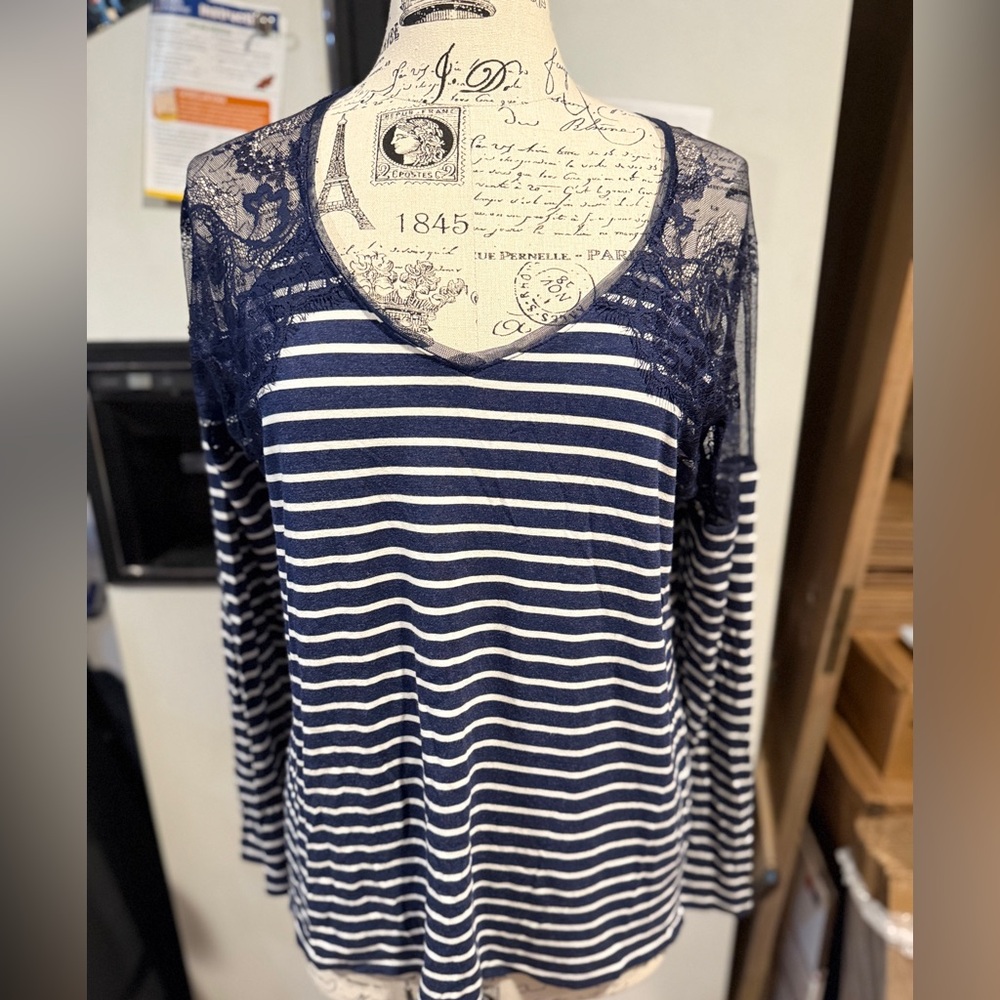 White House Black Market Navy and White Striped Lace Top